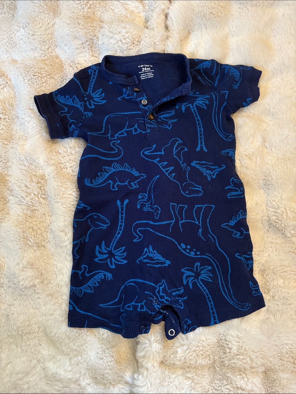 Carter's Navy Short-Sleeve Dinosaur Henley Romper